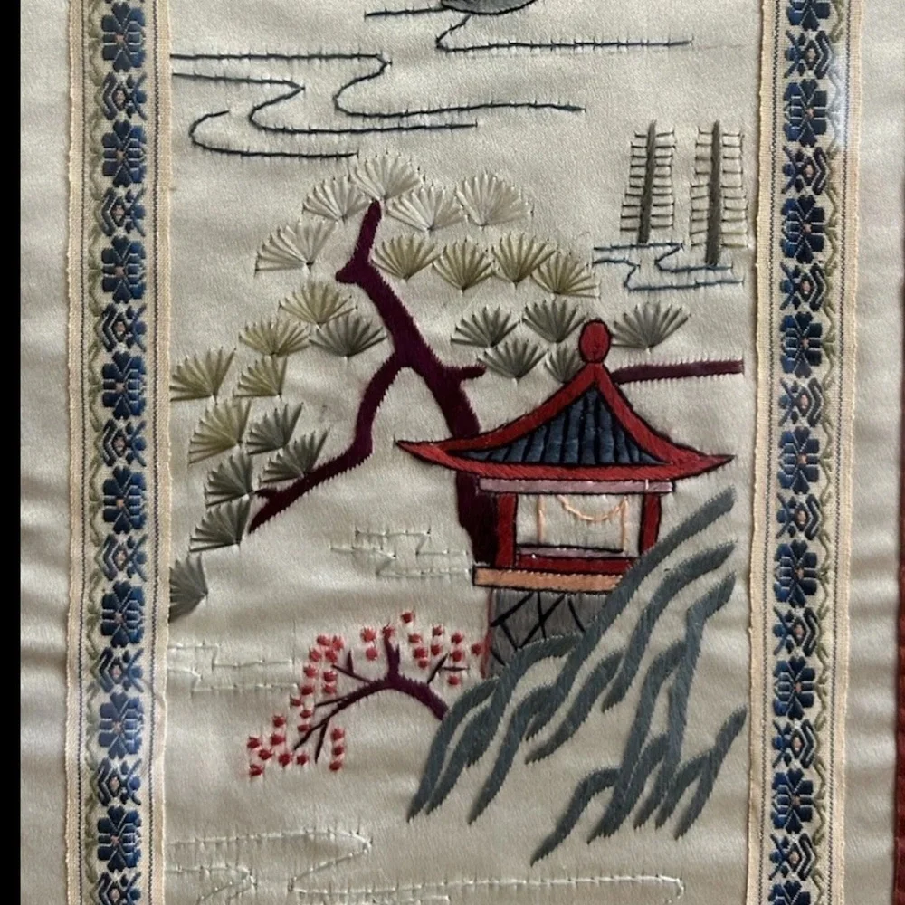 Vintage Chinese Handwoven Embroidery Framed Gold Bamboo Frame 12x24
